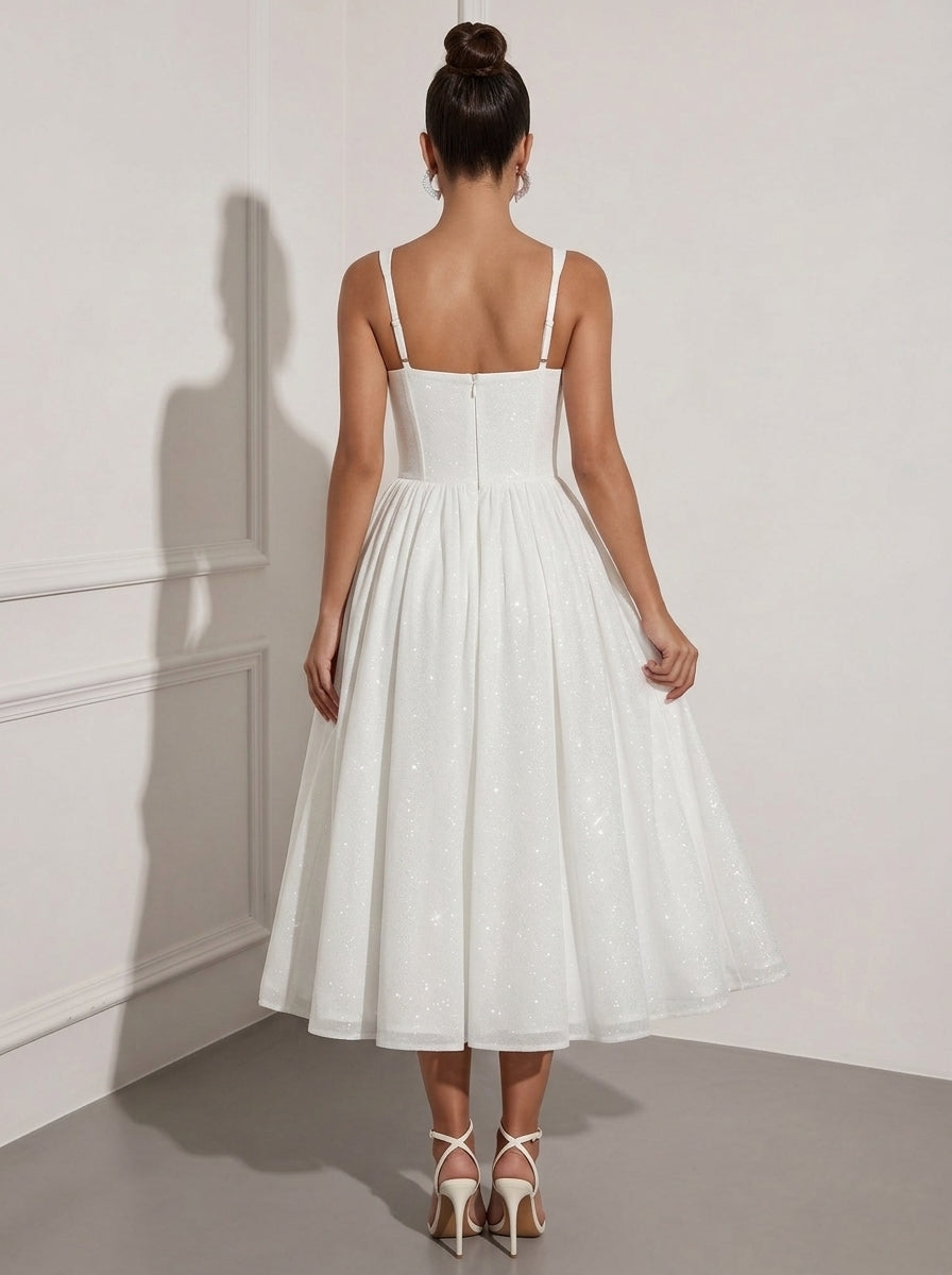 A-Line/Princess Square Collar Sparkle Mesh Cocktail Dresses Tea-Length Sleeveless Little White Dresses Formal Dresses