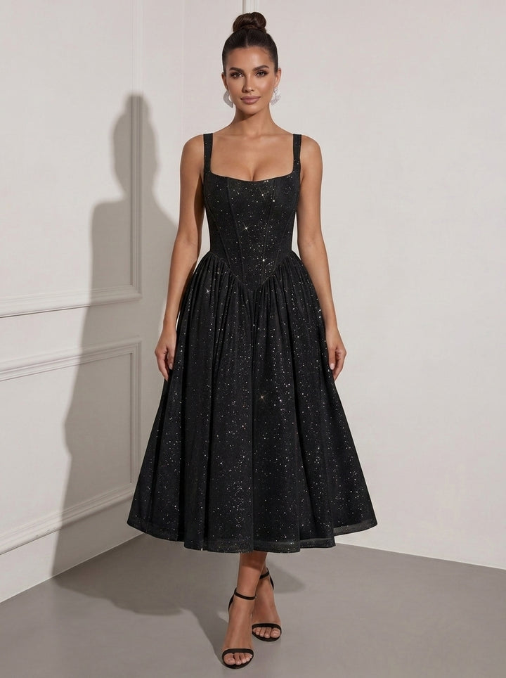 A-Line/Princess Square Collar Sparkle Mesh Cocktail Dresses Tea-Length Sleeveless Little White Dresses Formal Dresses