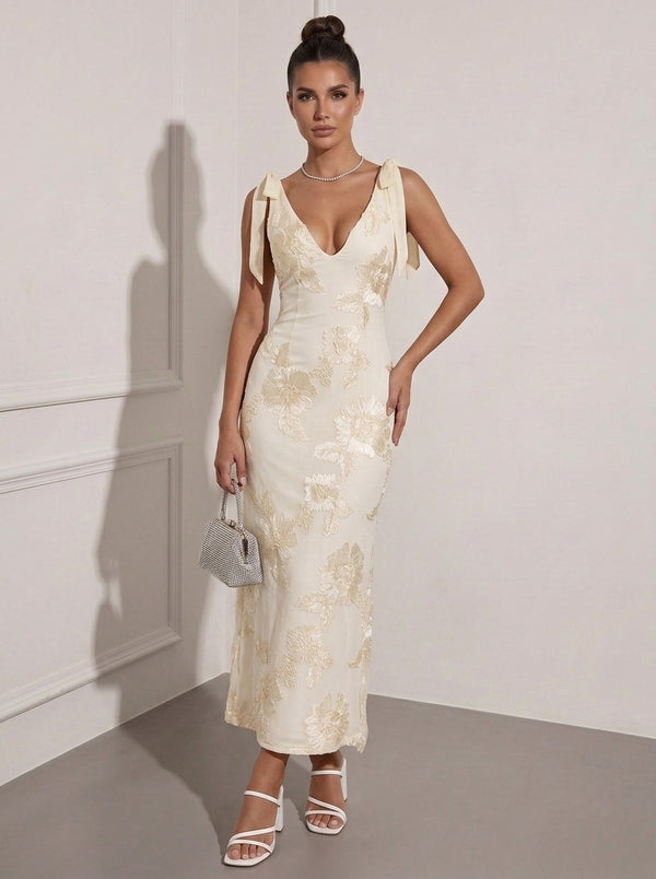 Sheath/Column V-Neck Lace Embroidery Cocktail Dresses Ankle-Length Sleeveless Floral Bowknot Formal Dresses