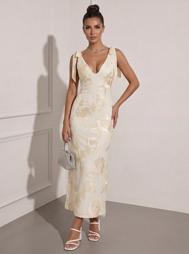 Sheath/Column V-Neck Lace Embroidery Cocktail Dresses Ankle-Length Sleeveless Floral Bowknot Formal Dresses