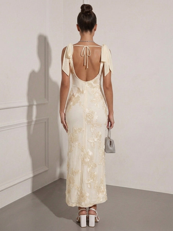 Sheath/Column V-Neck Lace Embroidery Cocktail Dresses Ankle-Length Sleeveless Floral Bowknot Formal Dresses