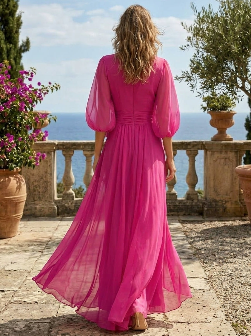 A-Line/Princess Chiffon V-Neck Evening Dresses Floor-Length 3/4 Sleeves Ruched Party Dresses