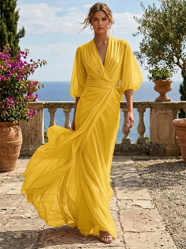 A-Line/Princess Chiffon V-Neck Evening Dresses Floor-Length 3/4 Sleeves Ruched Party Dresses