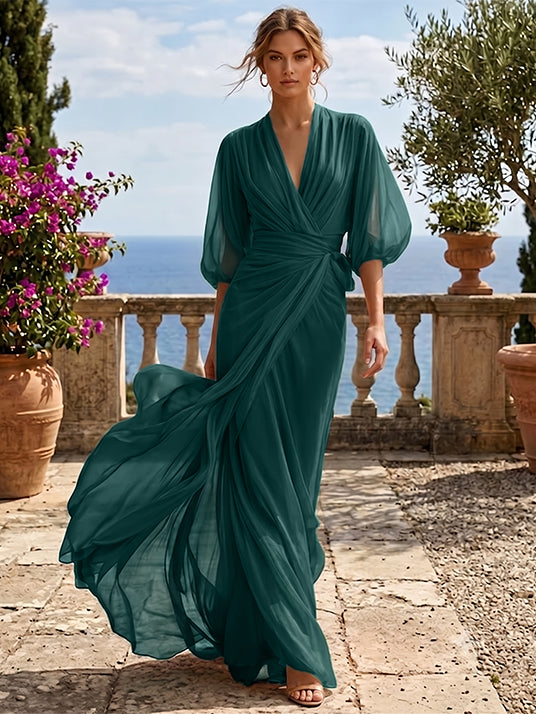 A-Line/Princess Chiffon V-Neck Evening Dresses Floor-Length 3/4 Sleeves Ruched Party Dresses