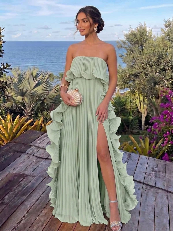 A-Line/Princess Strapless Chiffon Evening Dresses with Split Side Floor-Length Sleeveless Ruffles Party Dresses