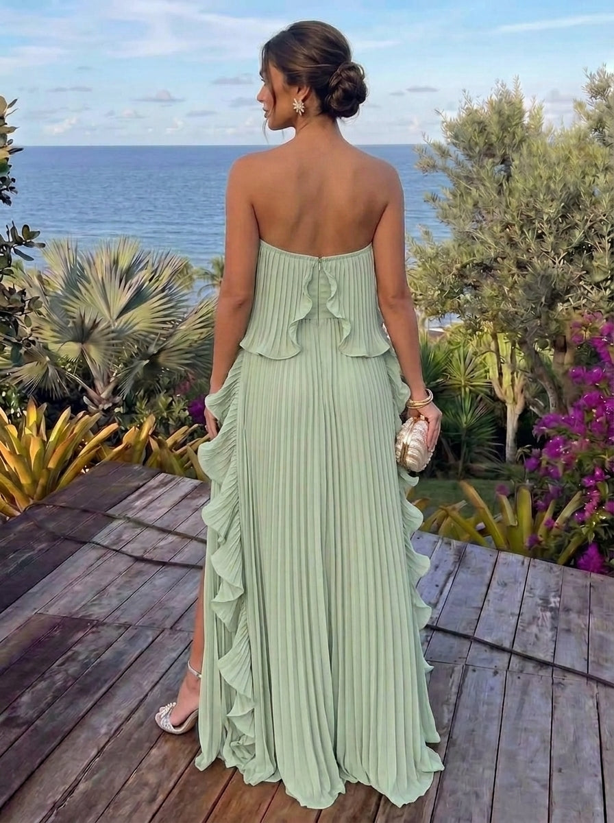 A-Line/Princess Strapless Chiffon Evening Dresses with Split Side Floor-Length Sleeveless Ruffles Party Dresses