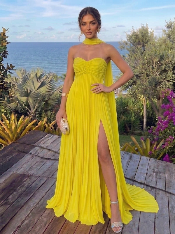 A-Line/Princess Strapless Chiffon Evening Dresses with Split Side Floor-Length Scarf Sleeveless Pleated Party Dresses