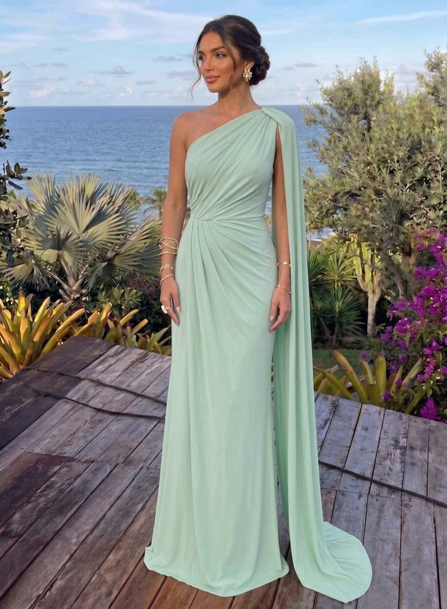 Sheath/Column Chiffon One-Shoulder Evening Dresses Floor-Length Cape Sleeves Ruched Party Dresses