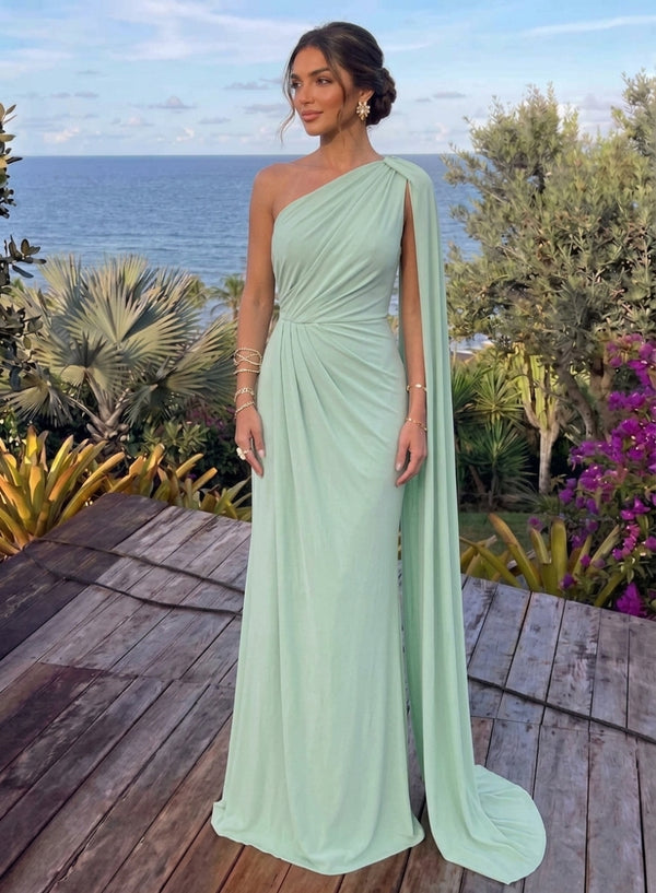 Sheath/Column Chiffon One-Shoulder Evening Dresses Floor-Length Cape Sleeves Ruched Party Dresses