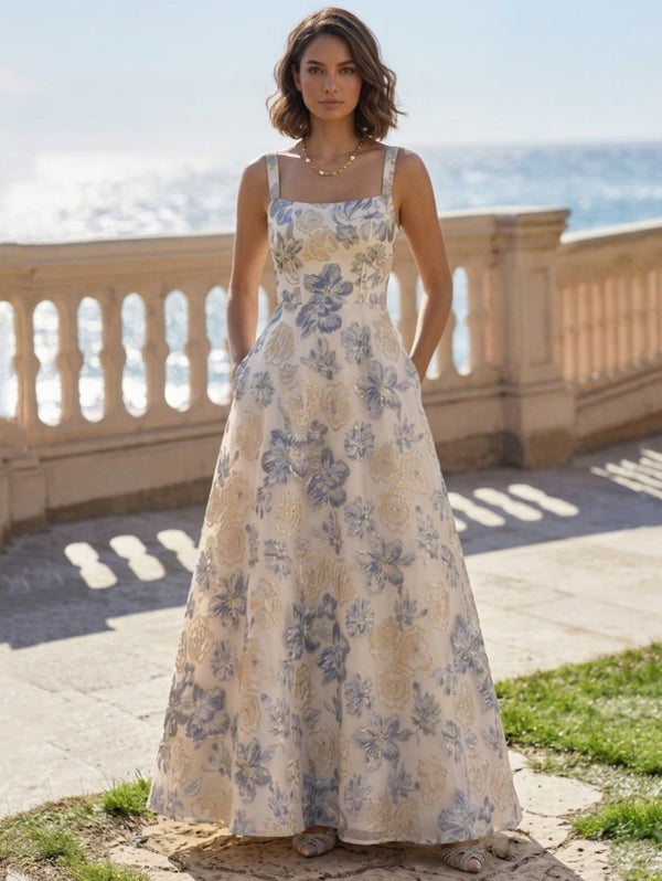 A-Line/Princess Square Collar Jacquard Evening Dresses Floral Sleeveless Floor-Length Party Dresses