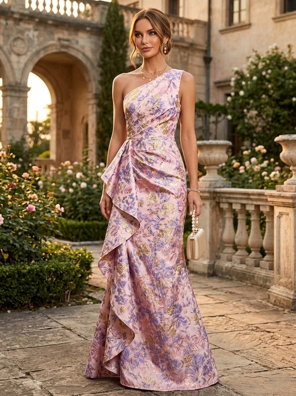 Sheath/Column One-Shoulder Jacquard Formal Dresses Floor-Length Evening Dresses Ruffles Floral Sleeveless