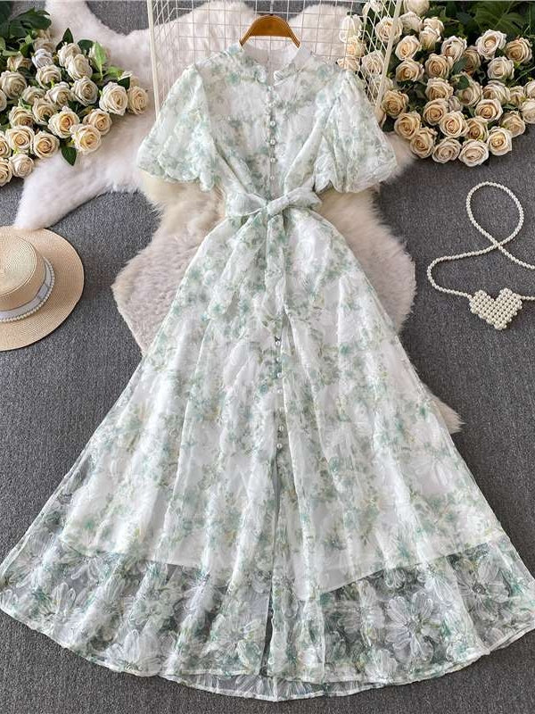 A-Line/Princess Scoop Wedding Guest Dresses Tea-Length Short Sleeves Lace Floral