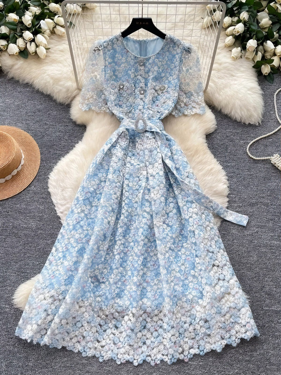 A-Line/Princess Scoop Wedding Guest Dresses Tea-Length Short Sleeves Lace Floral With Belt, Blue / S
