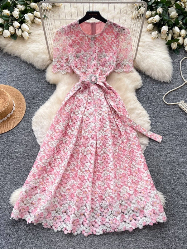 A-Line/Princess Scoop Wedding Guest Dresses Tea-Length Short Sleeves Lace Floral With Belt