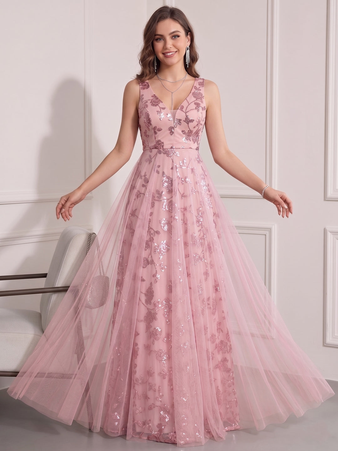 A-Line/Princess V-Neck Tulle Wedding Guest Dresses Floor-Length Sleeveless Embroidery