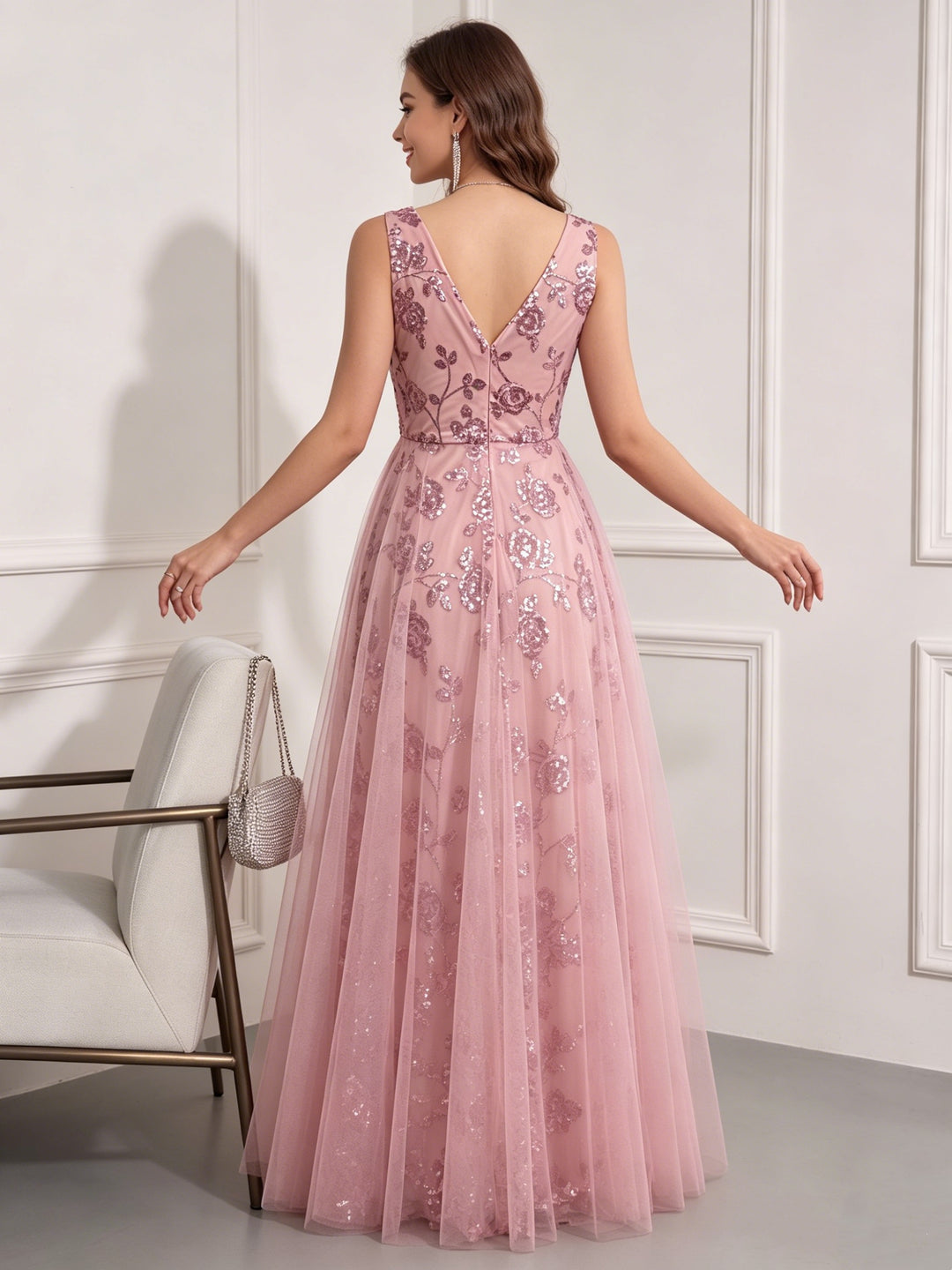 A-Line/Princess V-Neck Tulle Wedding Guest Dresses Floor-Length Sleeveless Embroidery