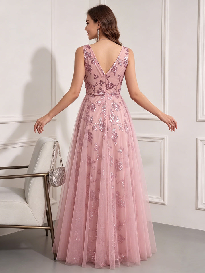 A-Line/Princess V-Neck Tulle Wedding Guest Dresses Floor-Length Sleeveless Embroidery