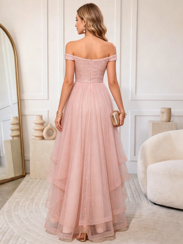 A-Line/Princess Off-the-Shoulder Tulle Sequins Wedding Guest Dresses Ankle-Length Sleeveless