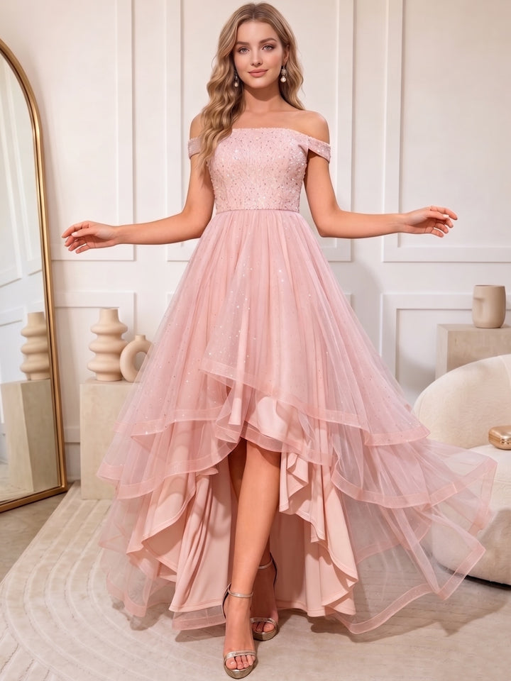 A-Line/Princess Off-the-Shoulder Tulle Sequins Wedding Guest Dresses Ankle-Length Sleeveless