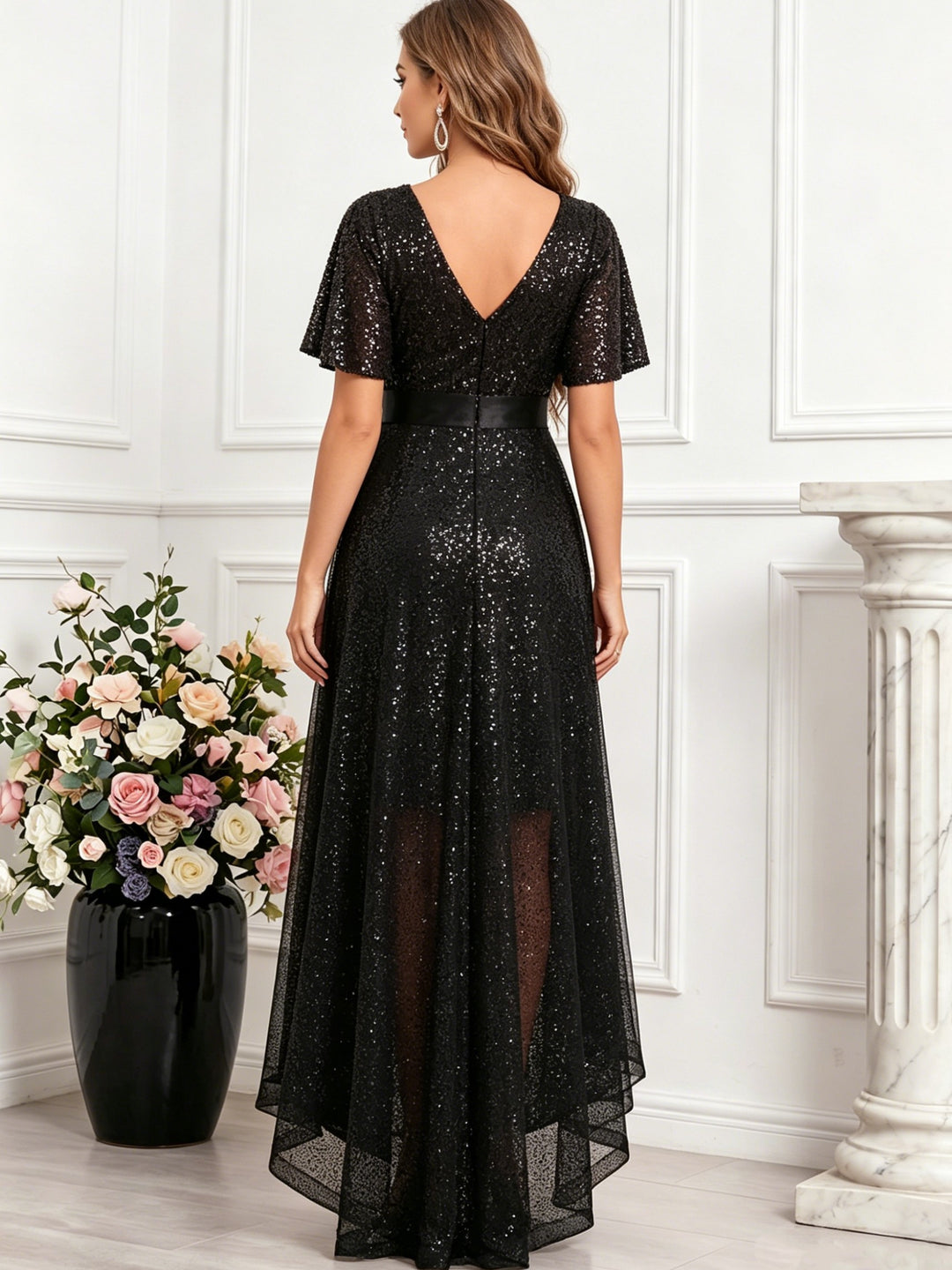 A-Line/Princess V-Neck Tulle Wedding Guest Dresses Asymmetrical Floor-Length Short Sleeves Sequins