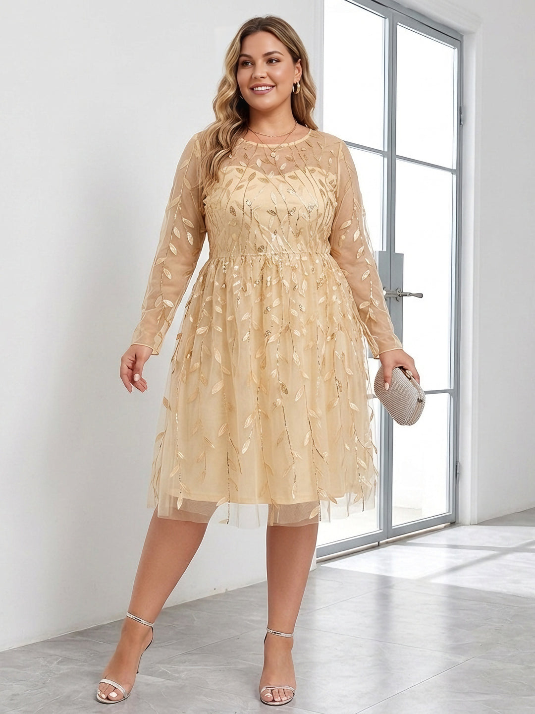 A-Line/Princess Scoop Tulle Sequins Wedding Guest Dresses Plus Size Knee-Length Long Sleeves, Gold / 1XL
