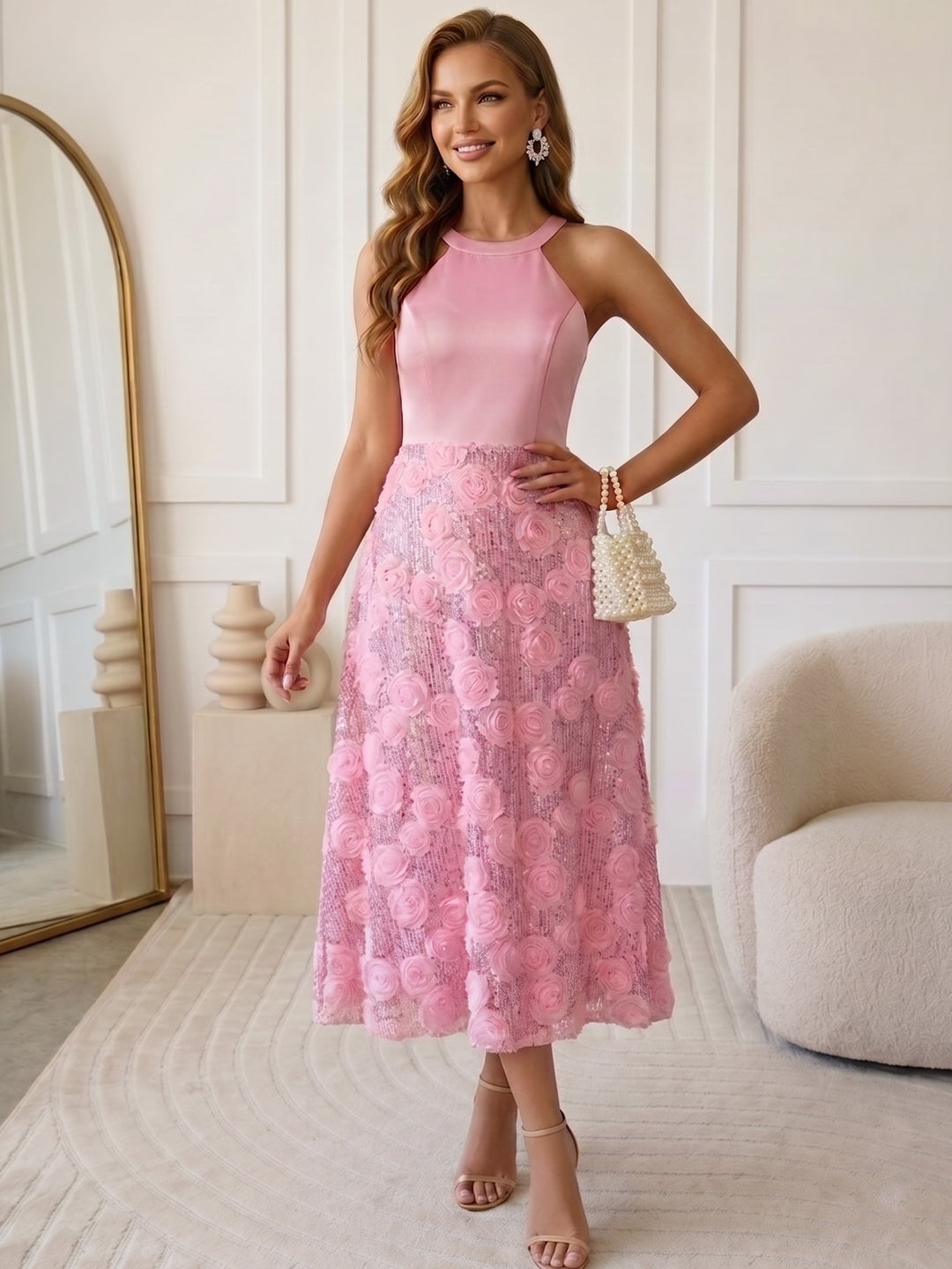 pink halter wedding guest dress Chic Pink Wedding Guest Dress Halter Sheath Chiffon Long Evening Dress EvaFashionDress