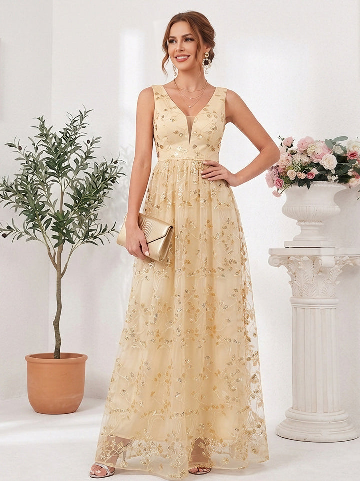 A-Line/Princess V-Neck Tulle Wedding Guest Dresses Floor-Length Sleeveless Floral