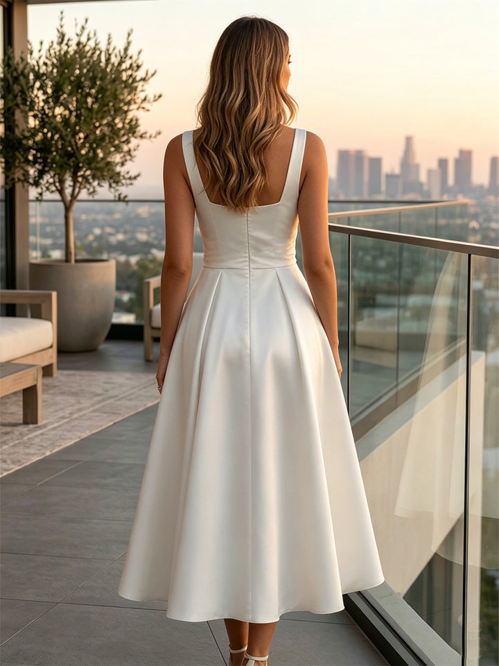 A-Line/Princess Square Collar Satin Cocktail Dresses Sleeveless Little White Dresses Tea-Length Ruched Party Dresses
