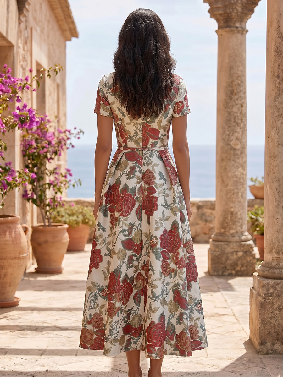 A-Line/Princess V-Neck Jacquard Cocktail Dresses Tea-Length Floral Short Sleeves Party Dresses
