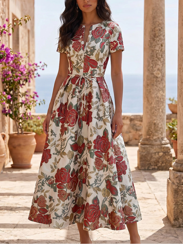 A-Line/Princess V-Neck Jacquard Cocktail Dresses Tea-Length Floral Short Sleeves Party Dresses