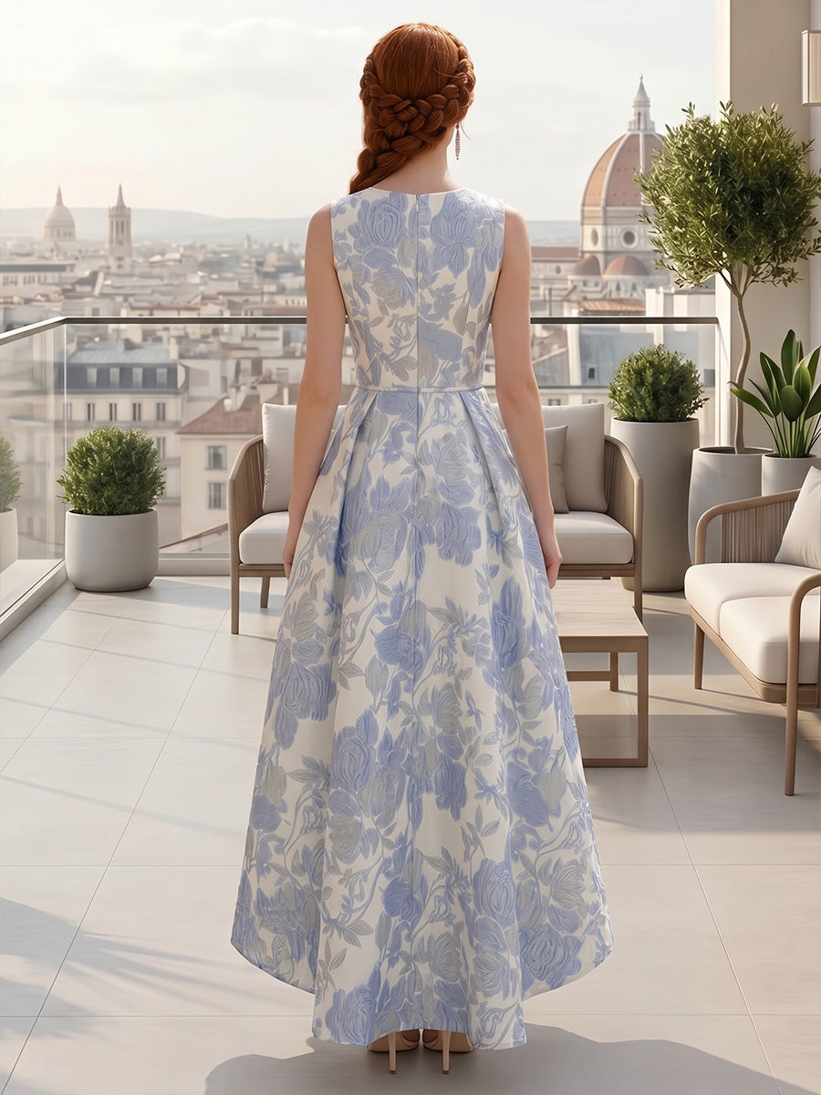 A-Line/Princess V-Neck Jacquard Cocktail Dresses Asymmetrical Tea-Length Floral Sleeveless Party Dresses