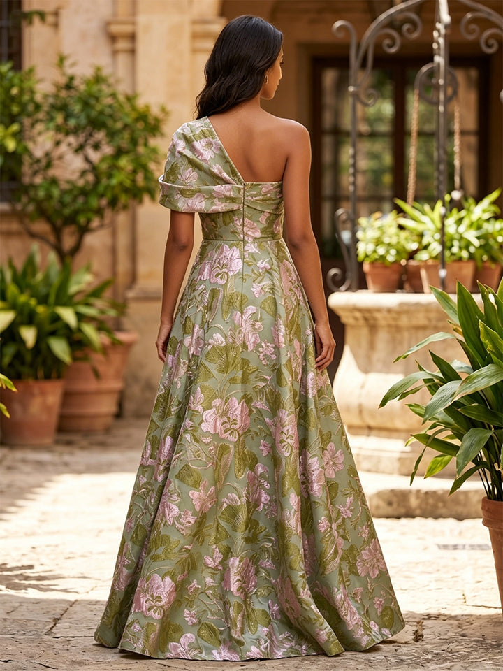 A-Line/Princess One-Shoulder Jacquard Formal Dresses Floor-Length Evening Dresses Floral Sleeveless