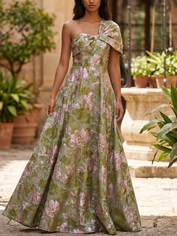 A-Line/Princess One-Shoulder Jacquard Formal Dresses Floor-Length Evening Dresses Floral Sleeveless