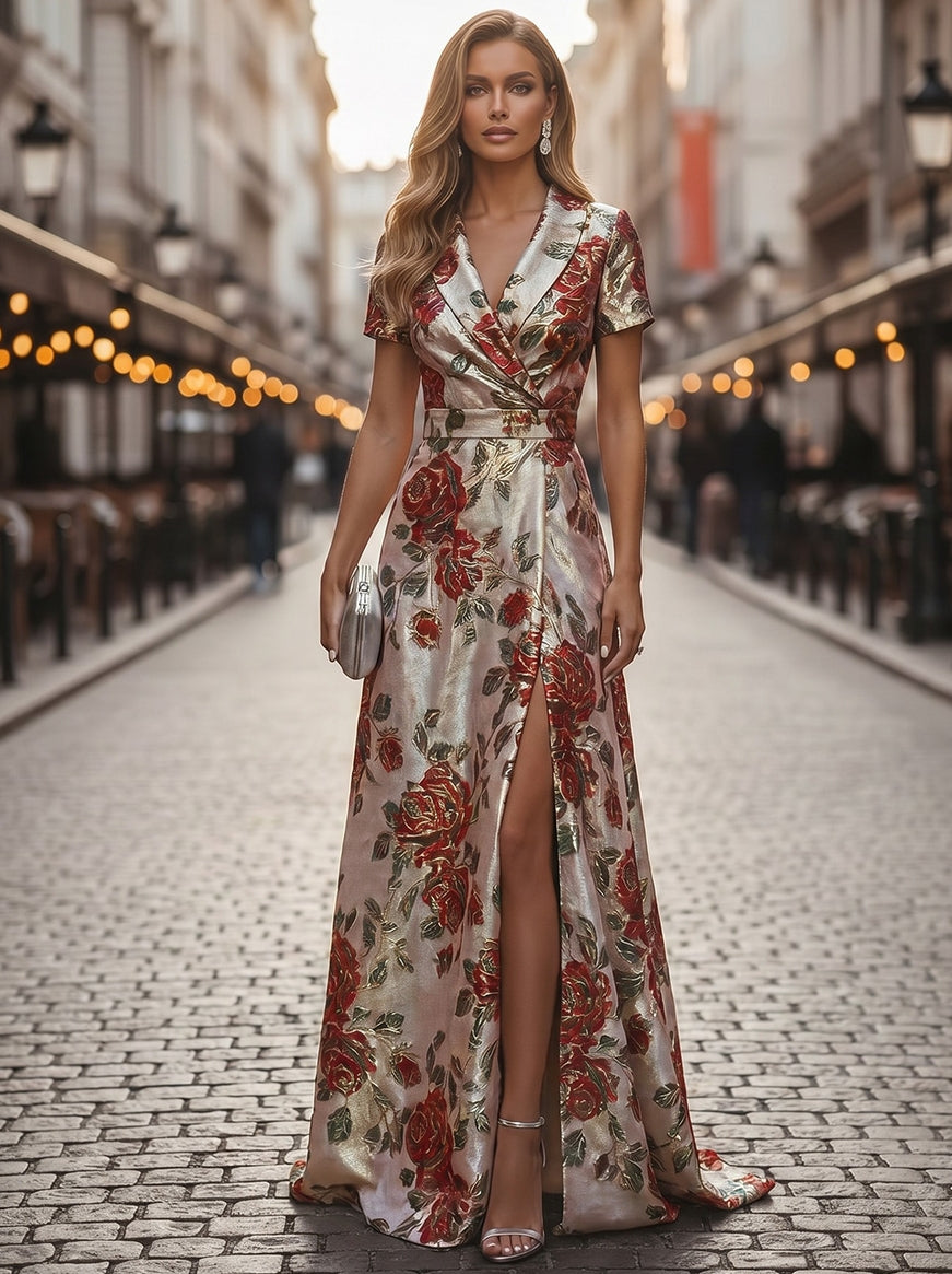 A-Line/Princess V-Neck Jacquard Formal Dresses with Split Side Floor-Length Evening Dresses Floral Short Sleeves