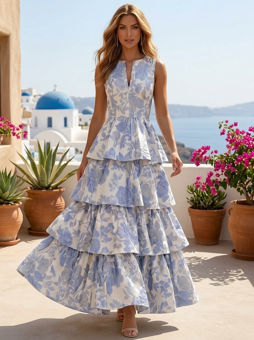 A-Line/Princess V-Neck Jacquard Formal Dresses Ankle-Length Evening Dresses Ruffles Floral Sleeveless