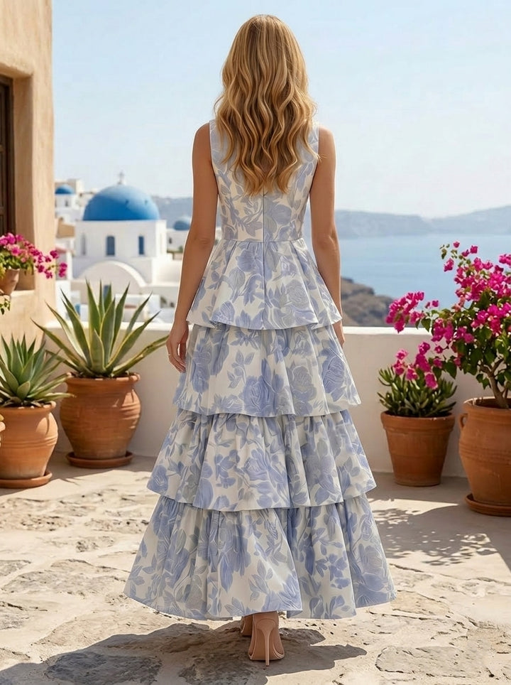 A-Line/Princess V-Neck Jacquard Formal Dresses Ankle-Length Evening Dresses Ruffles Floral Sleeveless