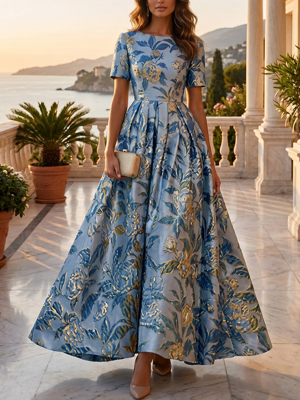A-Line/Princess Scoop Jacquard Formal Dresses Ankle-Length Evening Dresses Floral Short Sleeves