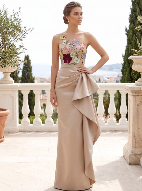 Sheath/Column One-Shoulder Satin Formal Dresses with Split Side Evening Dresses Floral Floor-Length Ruffles