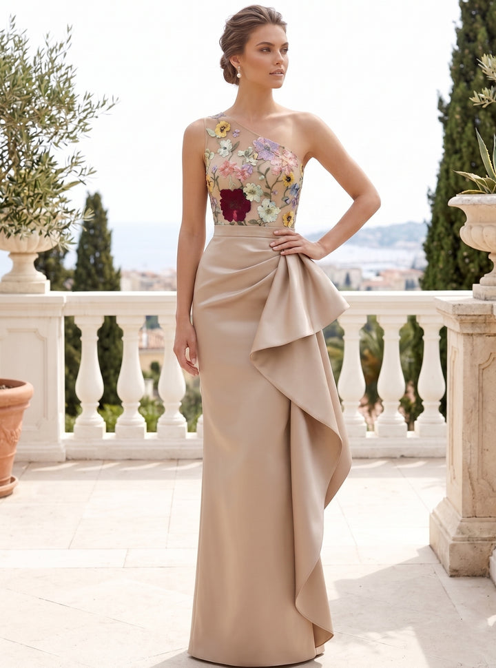 Sheath/Column One-Shoulder Satin Formal Dresses with Split Side Evening Dresses Floral Floor-Length Ruffles