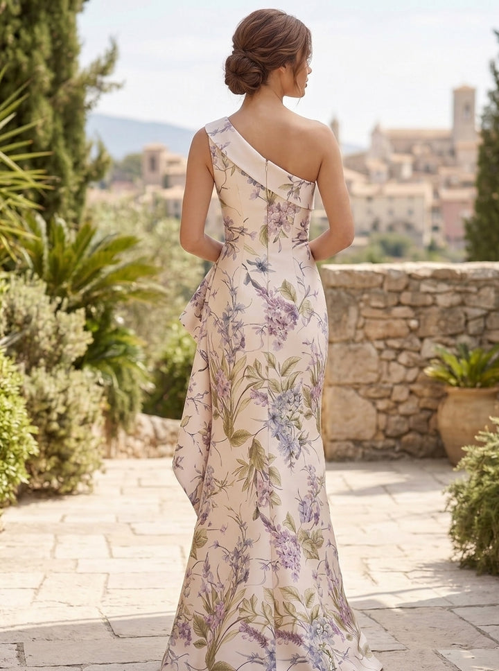 Sheath/Column One-Shoulder Printed Satin Formal Dresses Ruffles Floor-Length Evening Dresses Floral Sleeveless