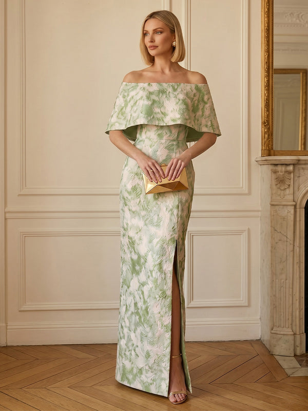 Sheath/Column Off-the-Shoulder Jacquard Formal Dresses with Split Side Floor-Length Evening Dresses Cape Sleeves