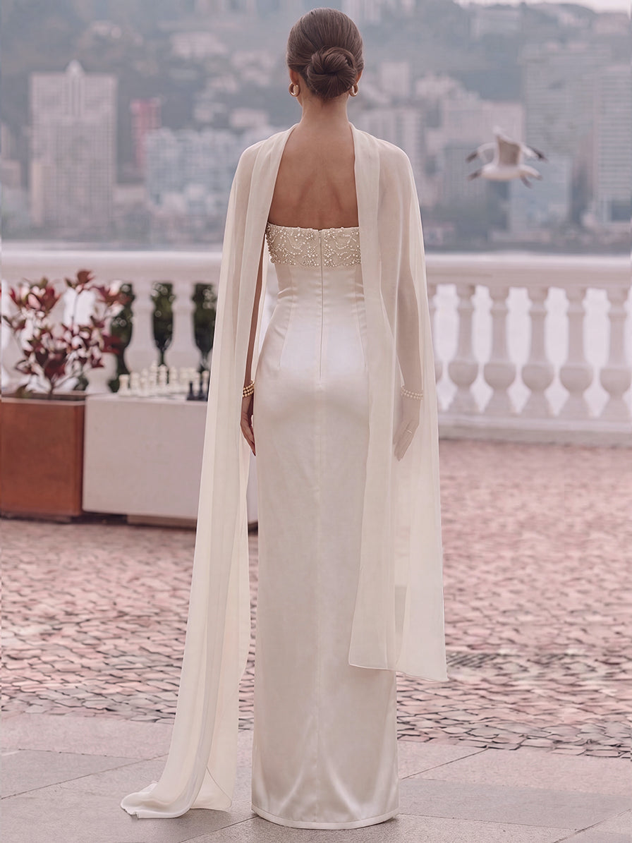 Sheath/Column Strapless Silk Satin Evening Dresses with Scarf Sleeveless Beading Floor-Length Formal Dresses