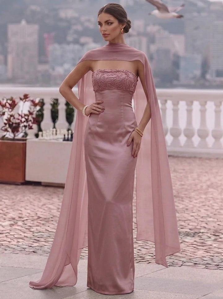 Sheath/Column Strapless Silk Satin Evening Dresses with Scarf Sleeveless Beading Floor-Length Formal Dresses