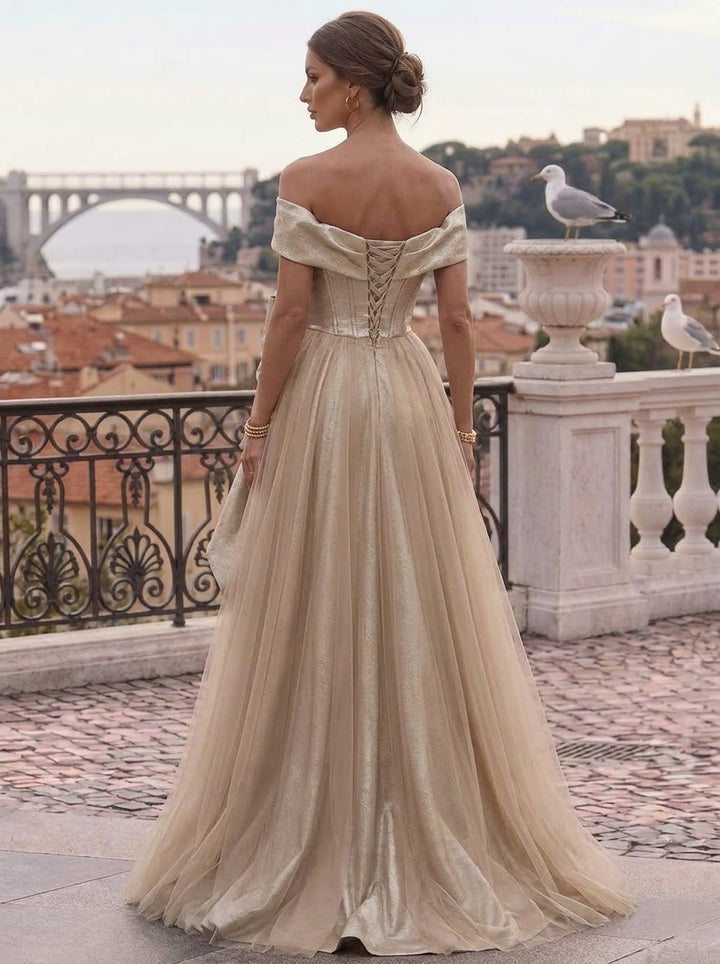 A-Line/Princess Off-the-Shoulder Evening Dresses with Split Slit & Bow Sleeveless Floor-length Formal Dresses, As Pic