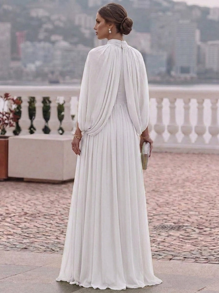 A-Line/Princess Mock Neck Chiffon Evening Dresses Cape Sleeves Floor-Length Ruched Formal Dresses