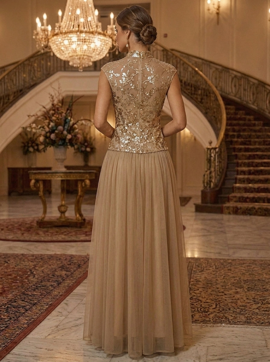 A-Line/Princess Mock Neck Evening Dresses Tulle Floor-Length Sequins Sleeveless Formal Dresses