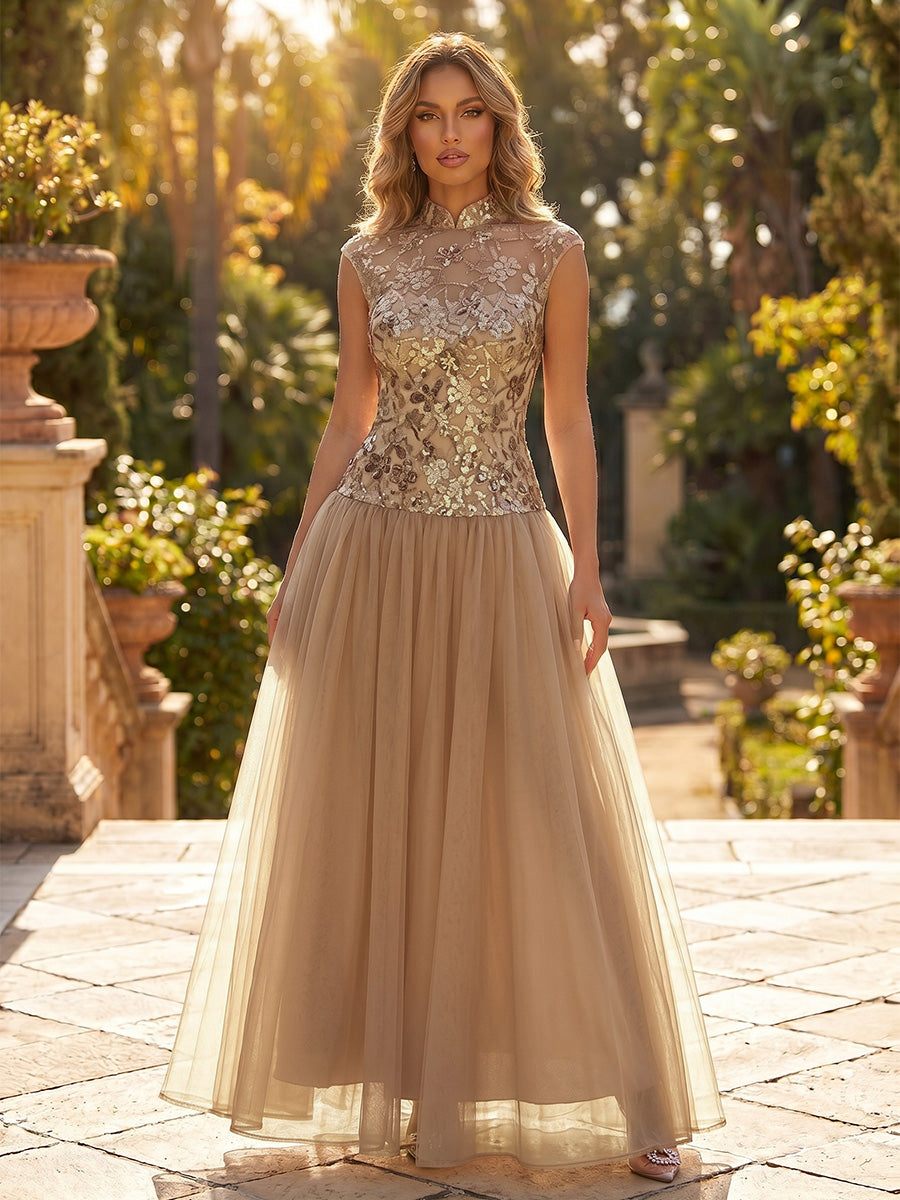 A-Line/Princess Mock Neck Evening Dresses Tulle Floor-Length Sequins Sleeveless Formal Dresses