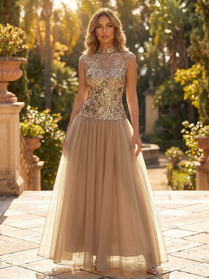 A-Line/Princess Mock Neck Evening Dresses Tulle Floor-Length Sequins Sleeveless Formal Dresses