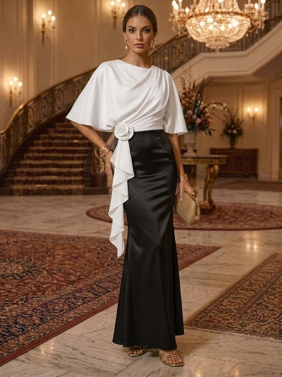 Sheath/Column Scoop Silk Satin Evening Dresses with 3D Flower Cape Sleeves Ankle-Length Formal Dresses