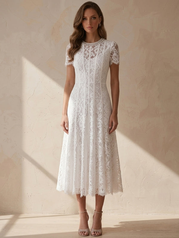 A-Line/Princess Scoop Lace Cocktail Dresses Tea-Length Little White Dresses Beading Short Sleeves Party Dresses